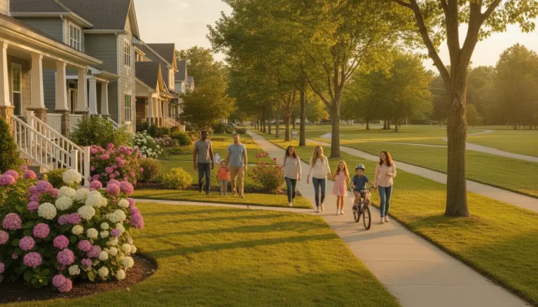 Families walking and biking on suburban sidewalk lined with blooming hydrangeas and trees in warm sunlight
