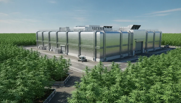 Large industrial building surrounded by dense green cannabis plants under clear blue sky