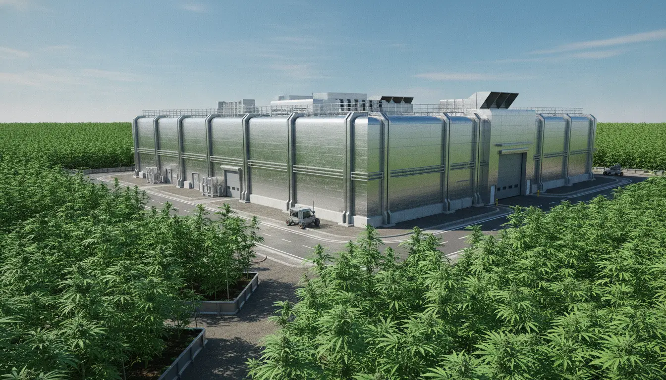 Large industrial building surrounded by dense green cannabis plants under clear blue sky