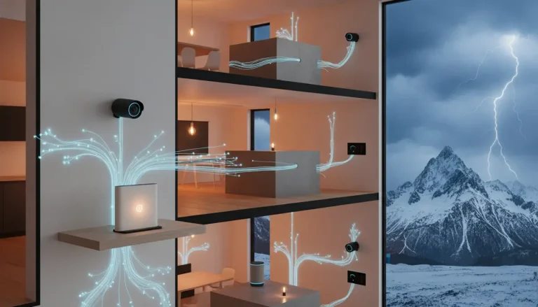 Hi-tech smart home with connected devices and neon blue data lines in modern interior