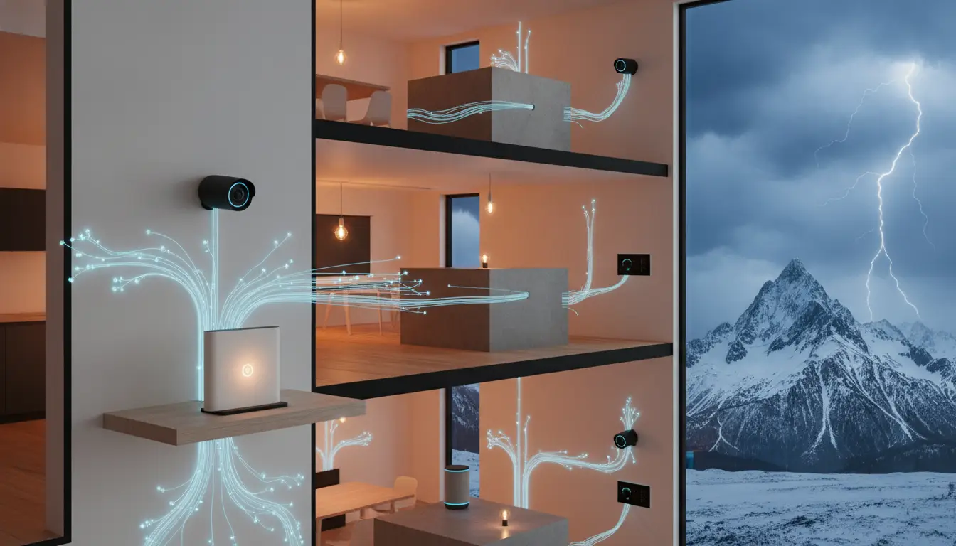 Hi-tech smart home with connected devices and neon blue data lines in modern interior