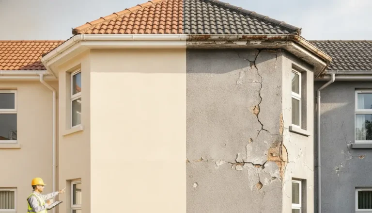 Building exterior with contrasting repaired and damaged walls, worker inspecting facade with cracked gray side