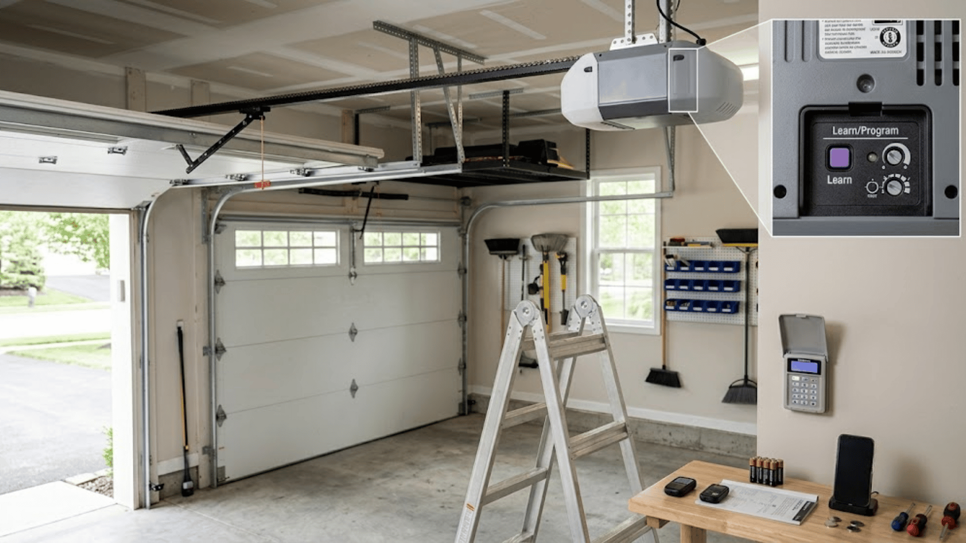 What you need before programming a garage door opener with remote, keypad, ladder, and Learn button setup