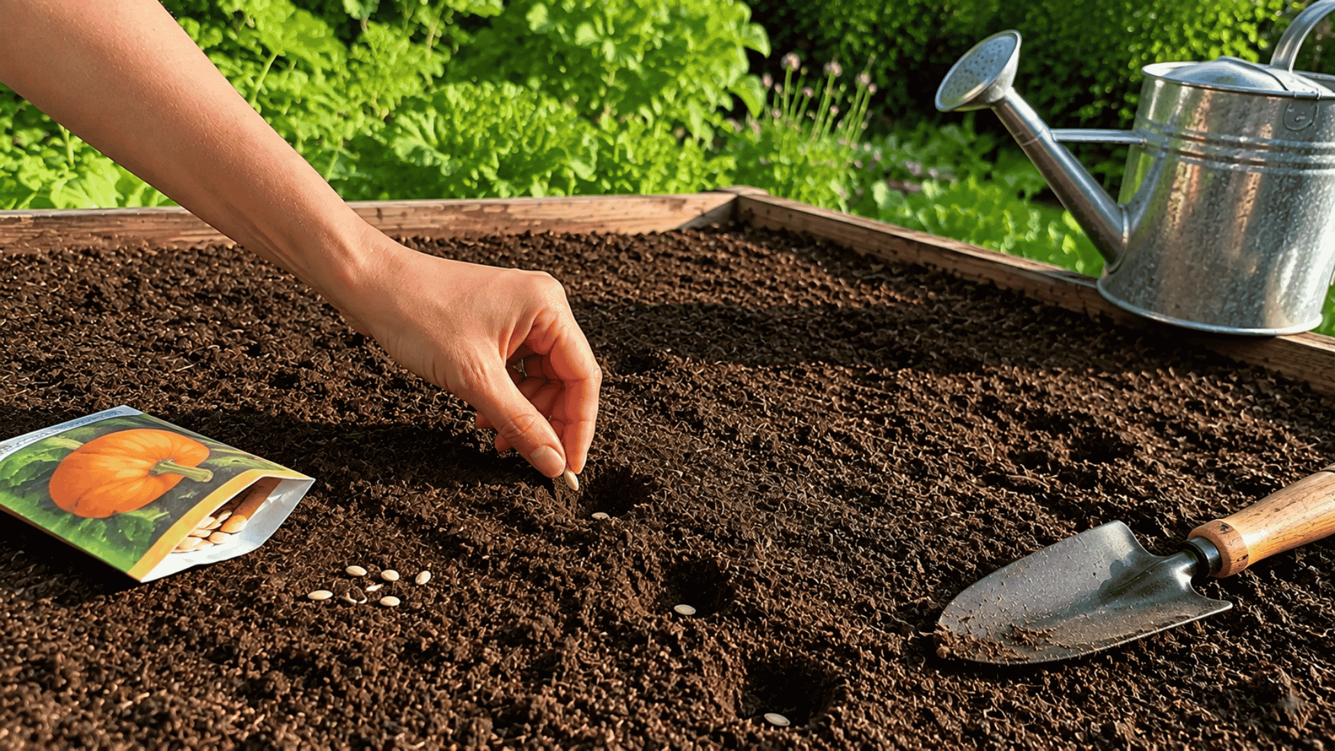 hand sowing pumpkin seeds into dark garden soil near trowel and watering can