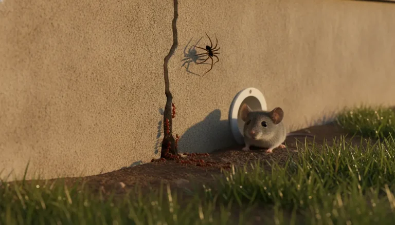 Mouse emerging from hole in concrete wall near spider and ants in sunlit grass