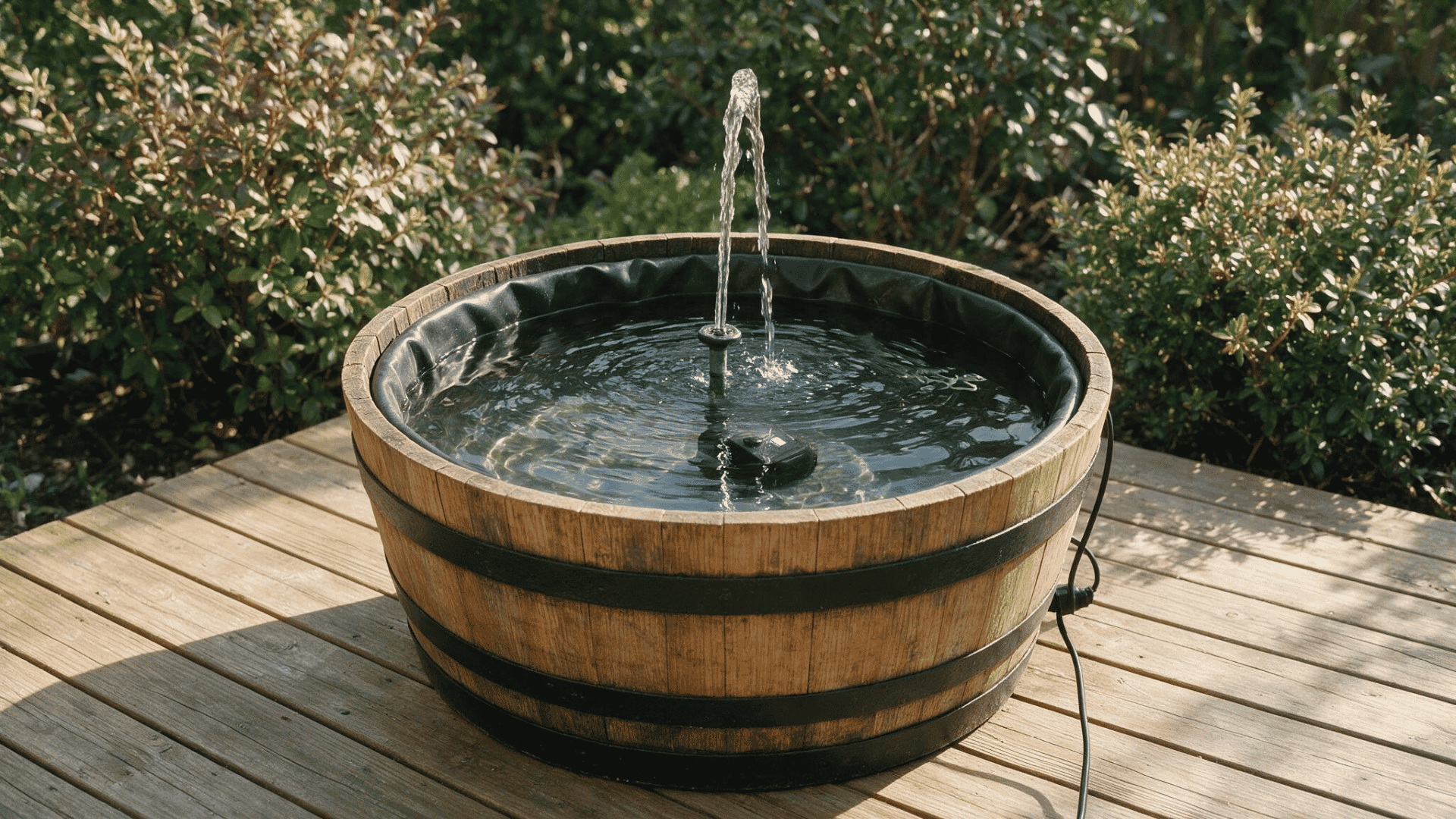 whiskey barrel fountain with a small water jet and visible pump on a sunny wooden garden deck nearby (1)