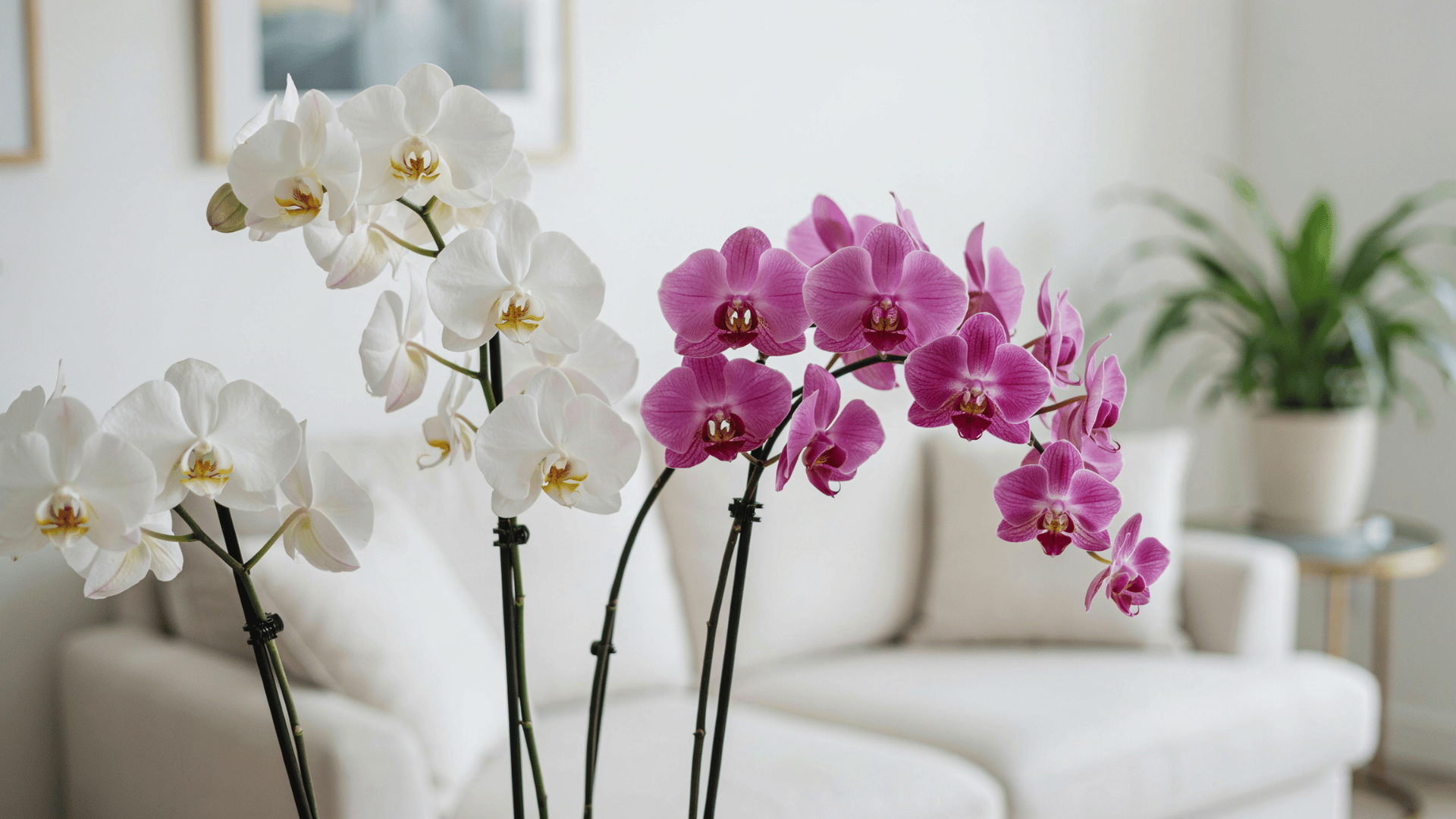 White and purple orchid blooms on stems in bright living room with beige sofa