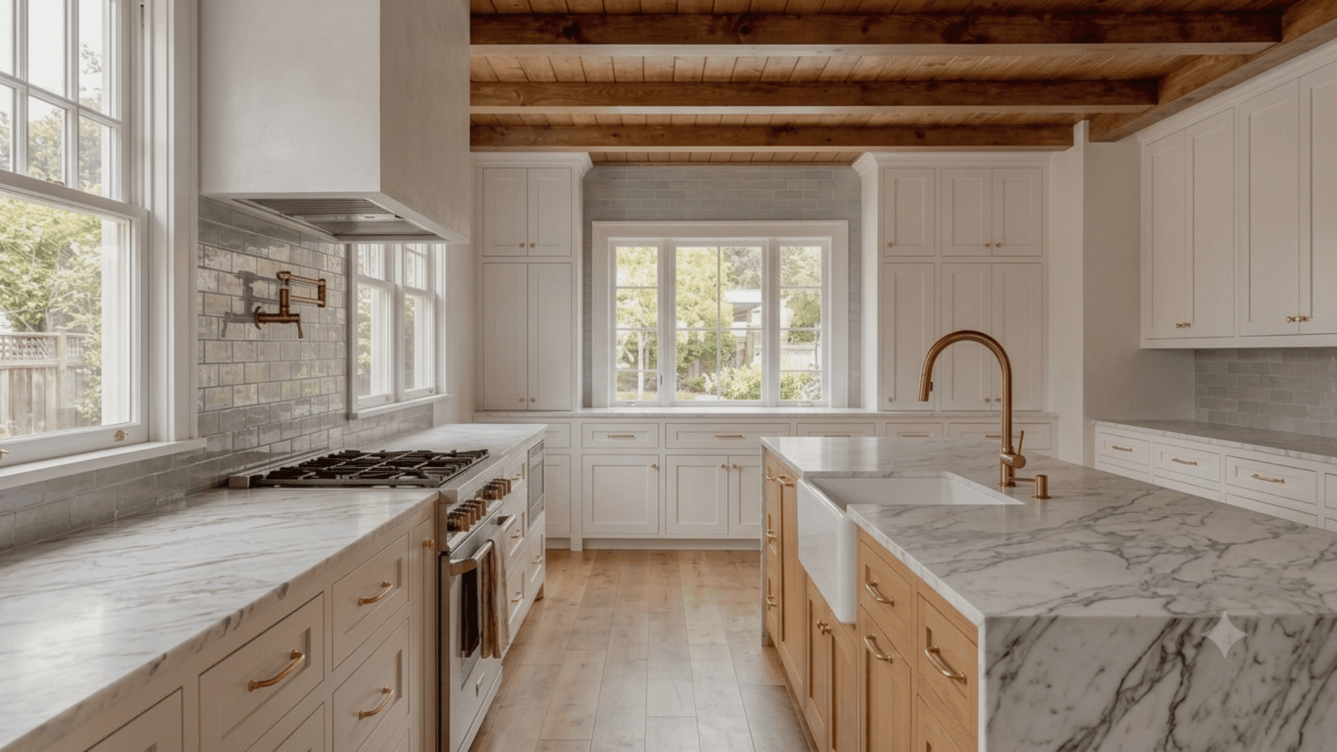 White and wood two-tone kitchen with shaker cabinets, marble counters, apron sink, brass hardware, and warm natural details.