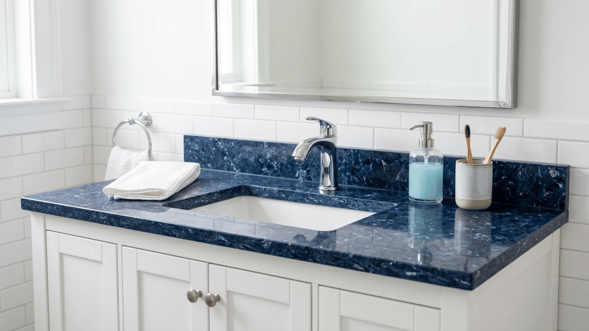 White bathroom vanity with a blue quartz countertop and sink