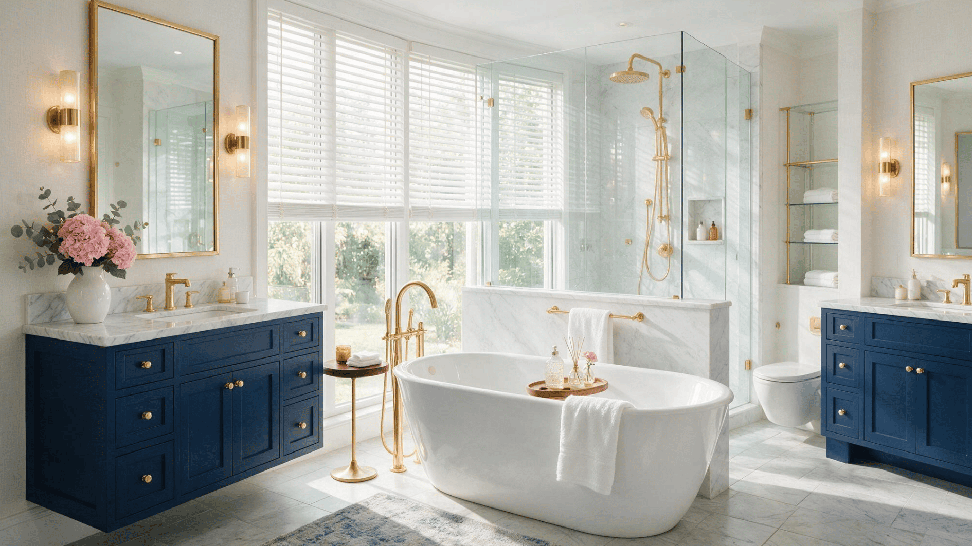 white bathroom with navy blue vanities freestanding tub glass shower and gold fixtures in a bright space