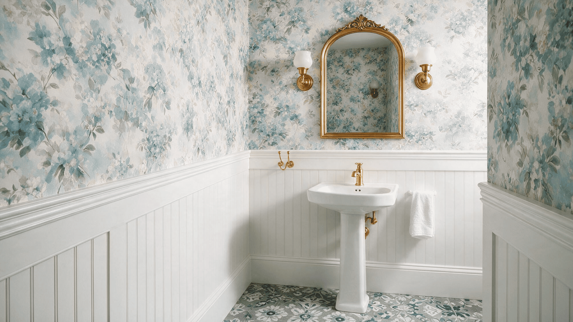white beadboard bathroom with blue floral wallpaper pedestal sink brass mirror patterned tile floor and sconces (1)