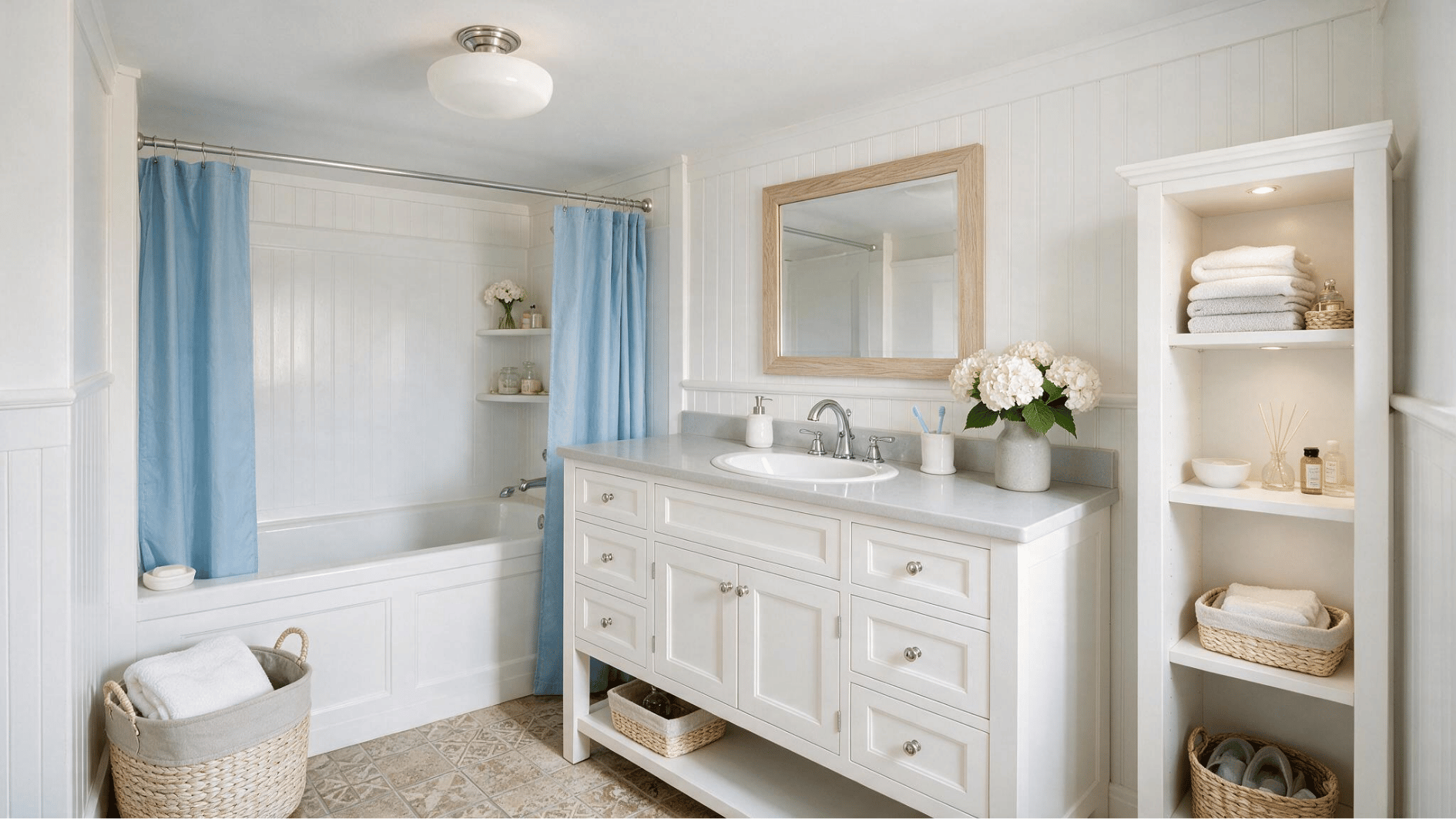 white beadboard bathroom with blue shower curtain vanity mirror open shelving baskets and patterned tile floor