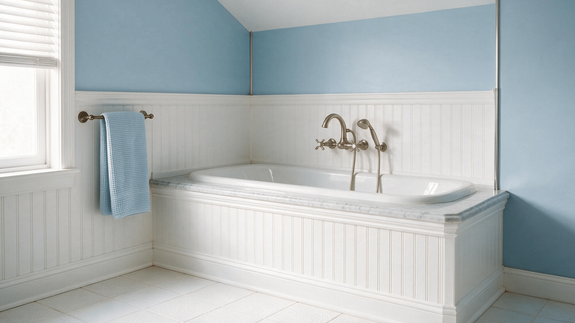 white beadboard bathroom with built in tub blue walls silver fixtures single towel and bright window soft glow