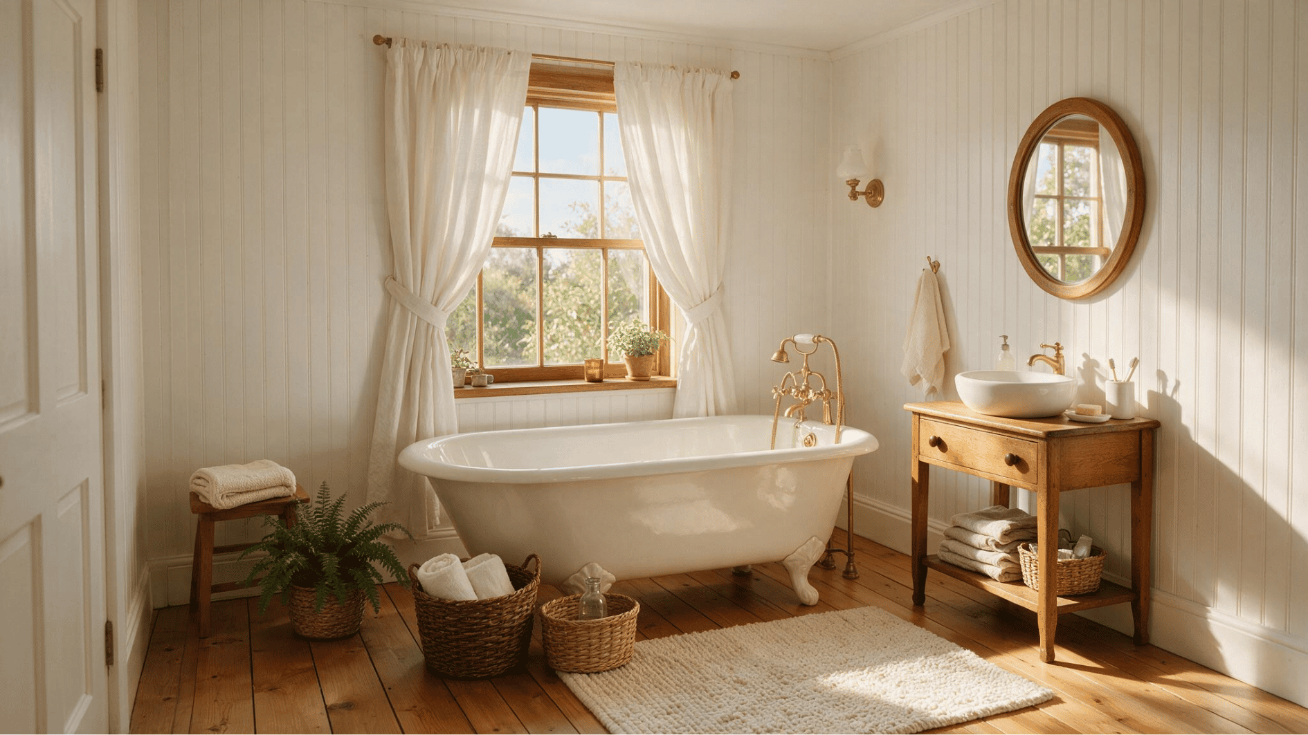 white beadboard bathroom with freestanding tub wood vanity brass fixtures warm wood flooring and sunny window