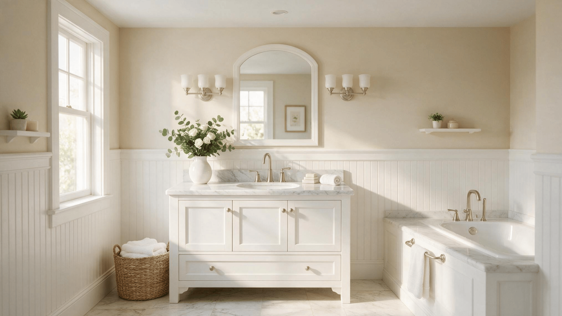 white beadboard bathroom with marble vanity built in bathtub arched mirror wall sconces and woven basket