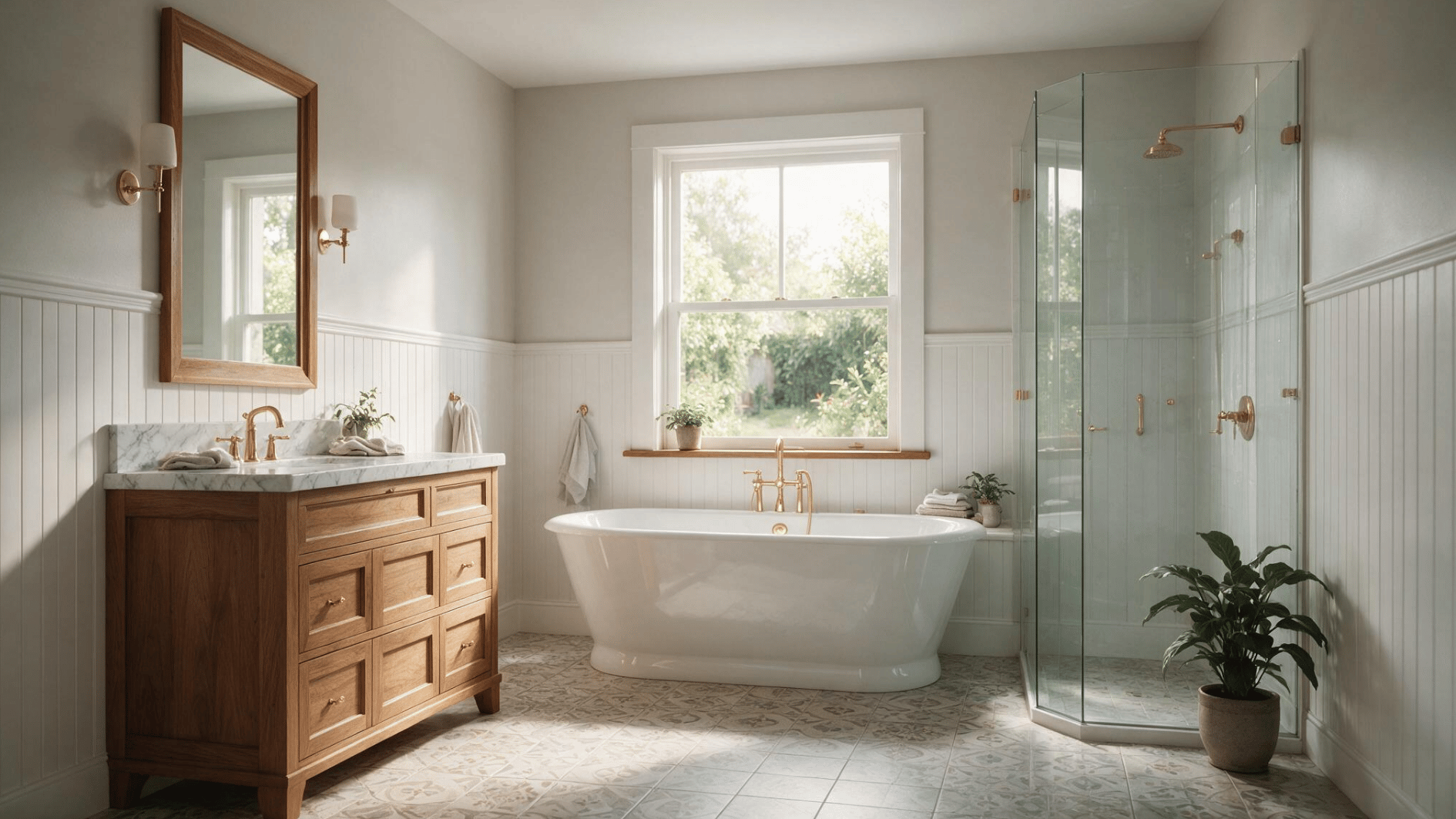 white beadboard bathroom with wood vanity freestanding tub glass shower brass fixtures patterned tile flooring