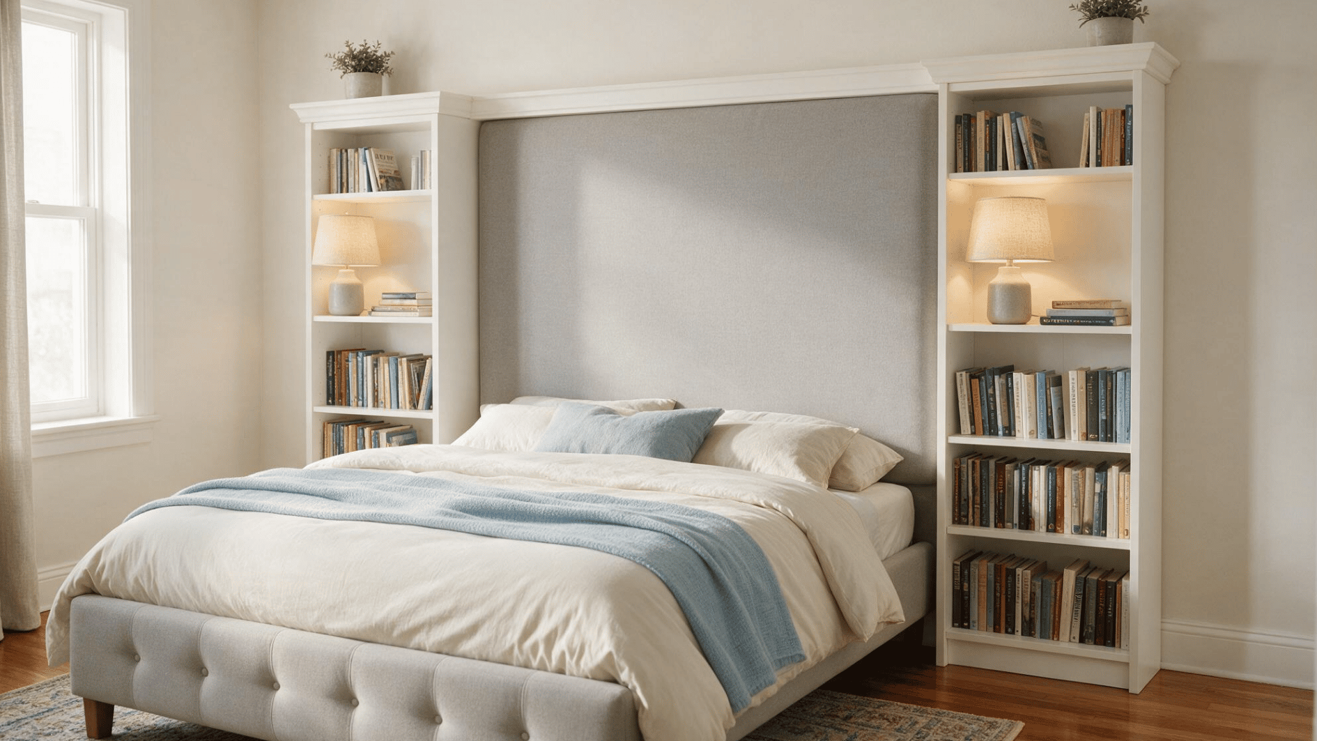 white bedroom bookcase headboard frames a bed with lamps books soft blue bedding and warm natural daylight sun