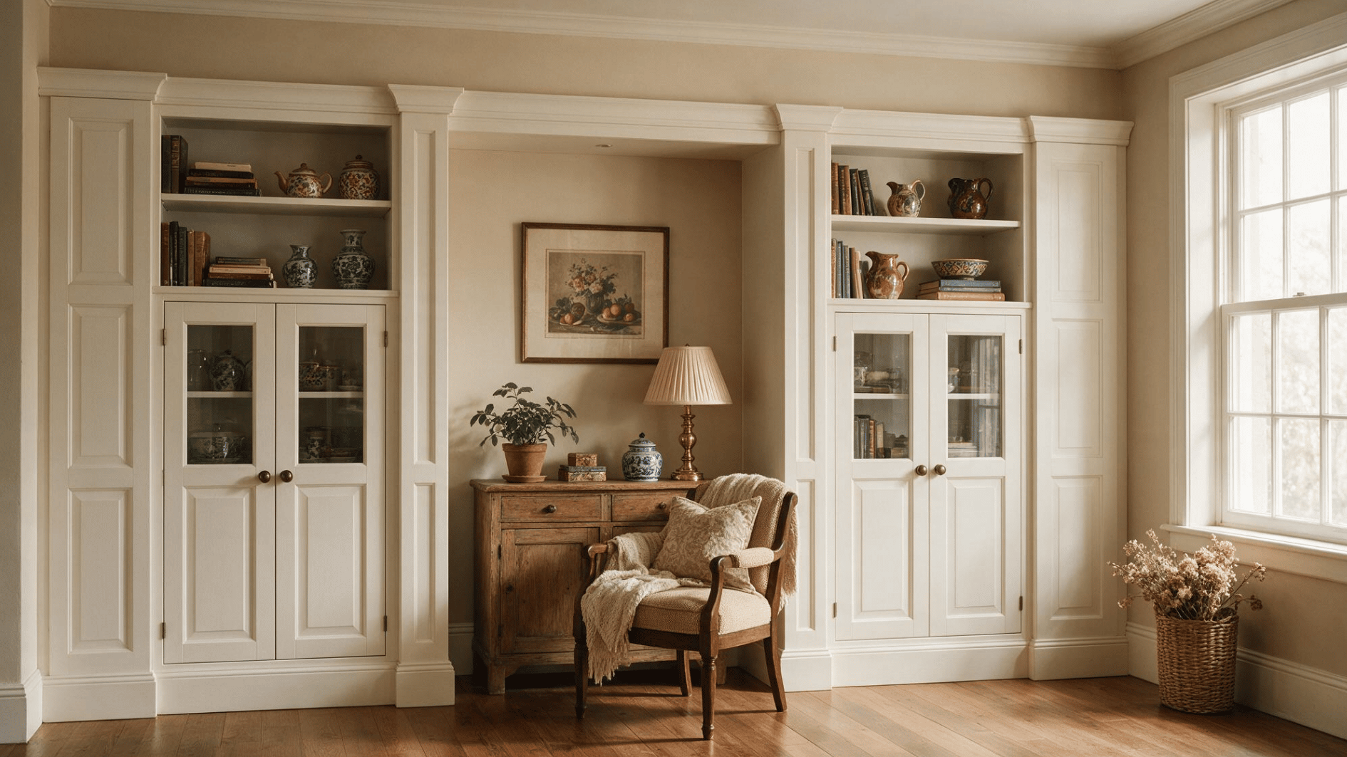 white built in cabinets frame a cozy alcove with glass doors books pottery chair lamp and warm daylight inside