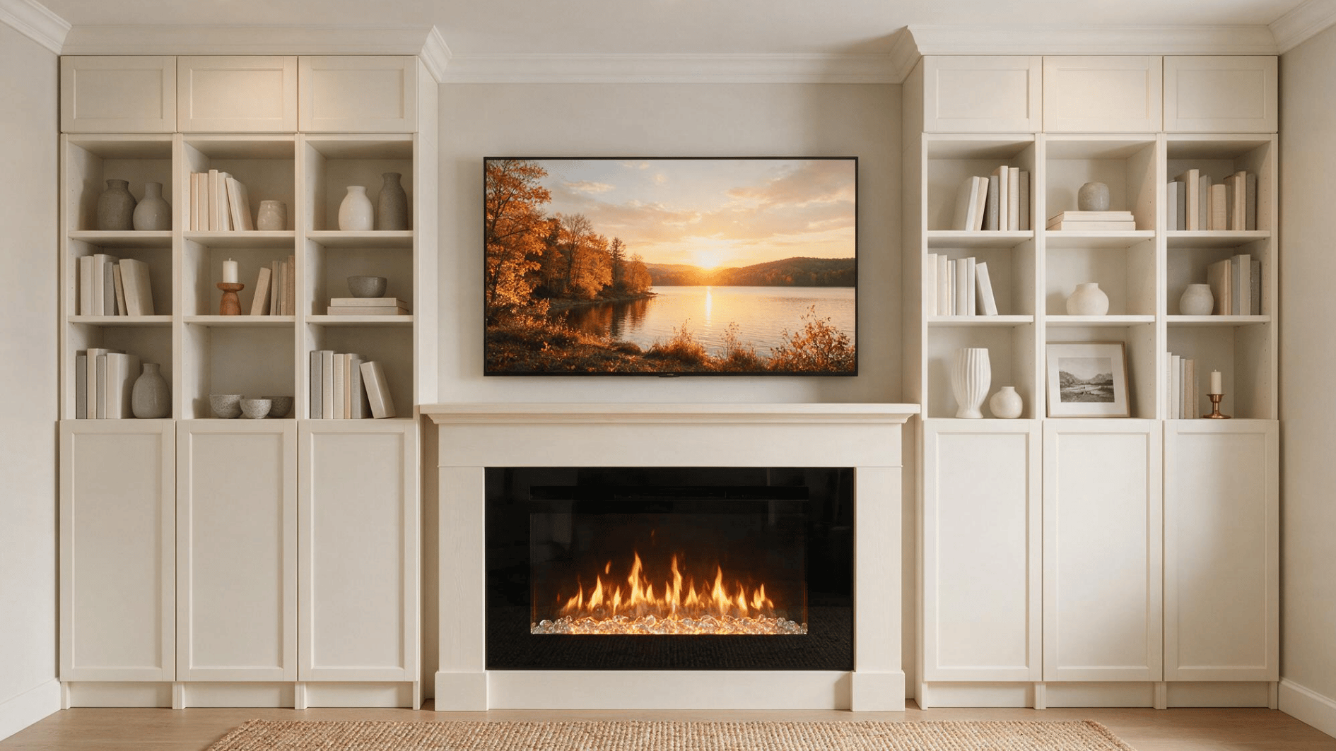 white built in shelves frame a glowing fireplace and television with books pottery and closed storage cabinets