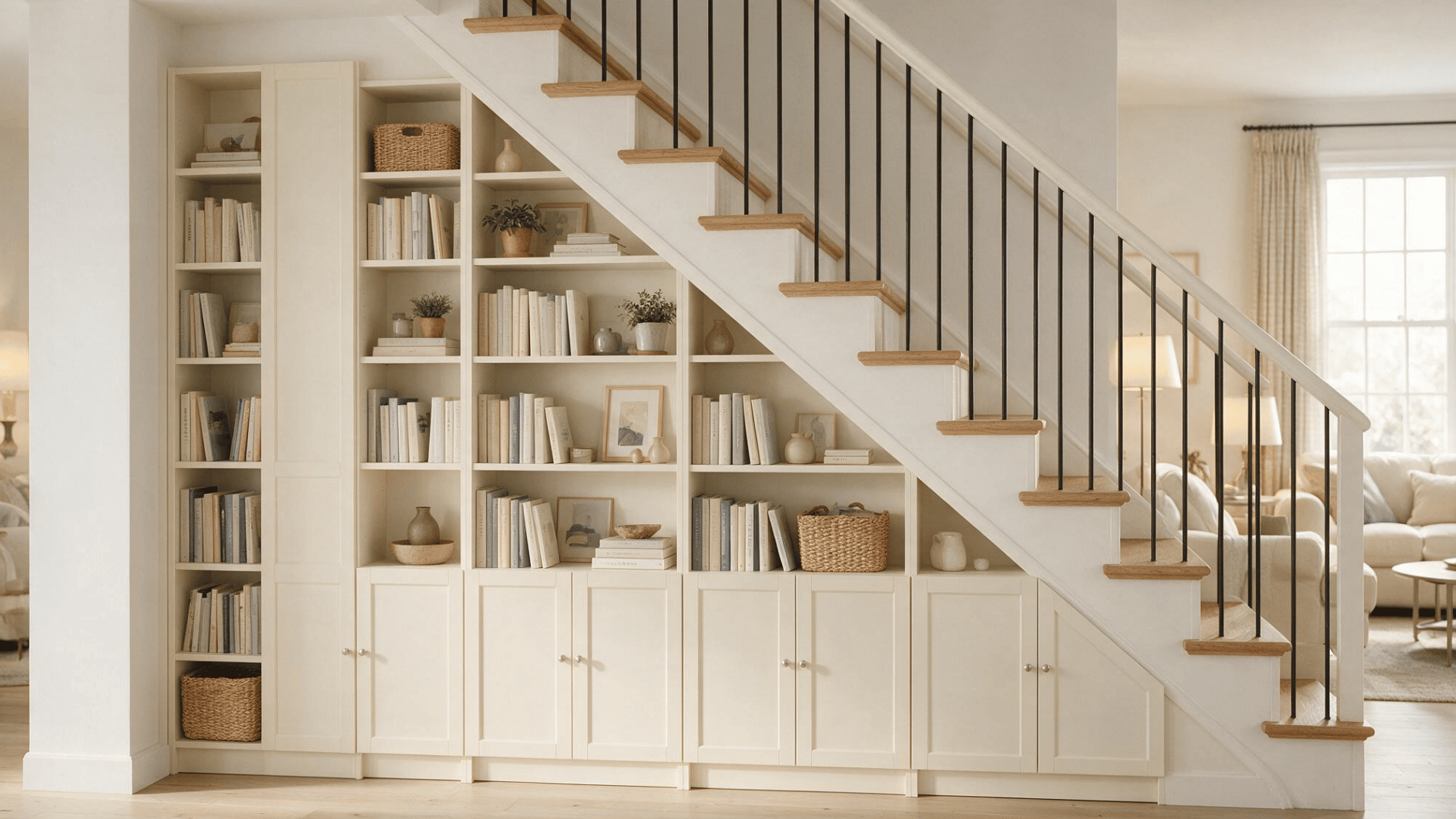 white built in shelving and cabinets stand beneath the staircase holding novels plants baskets and small decor