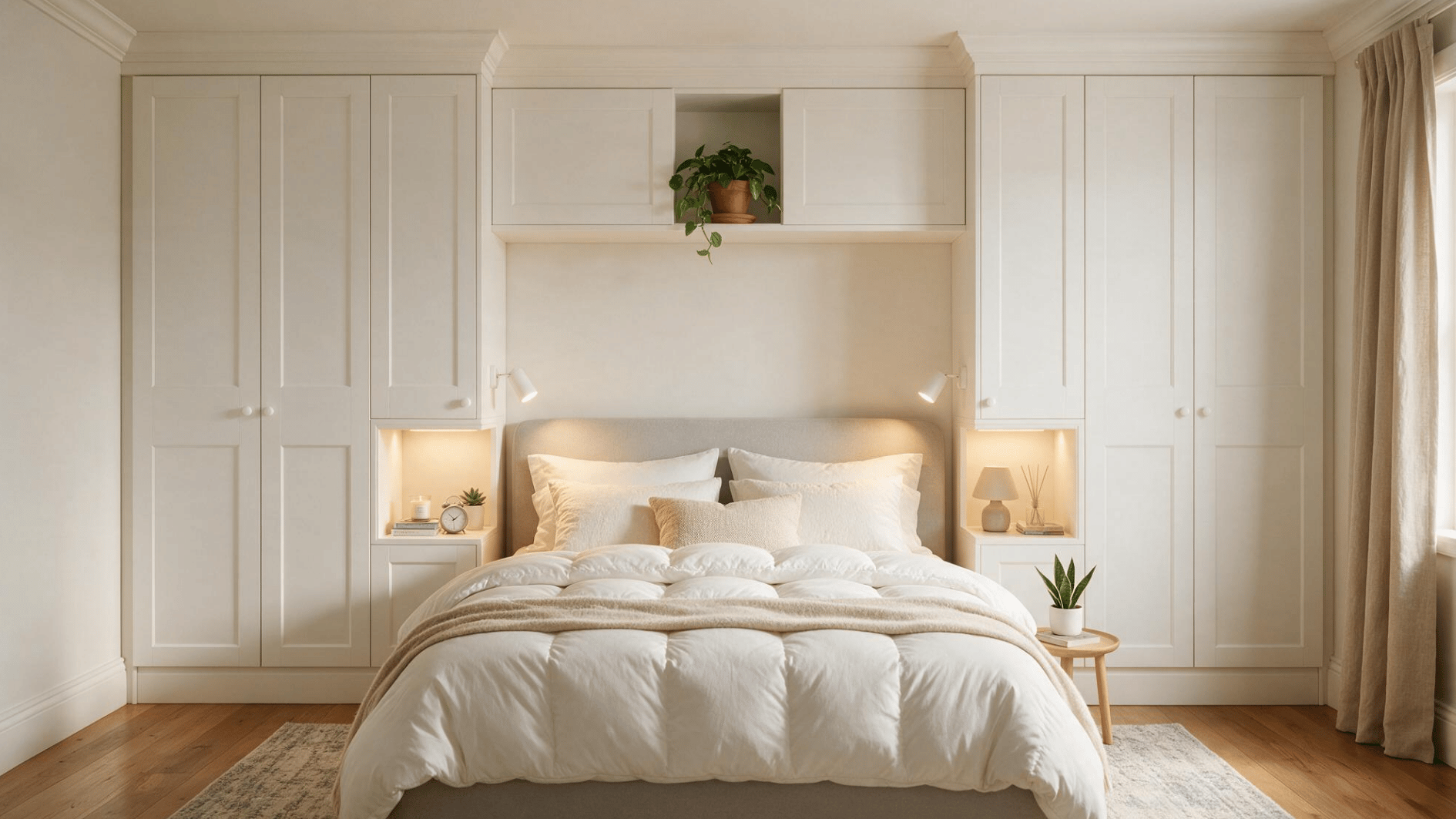 white built in wardrobes frame a cozy bed with overhead cabinets bedside niches and warm neutral bedroom decor