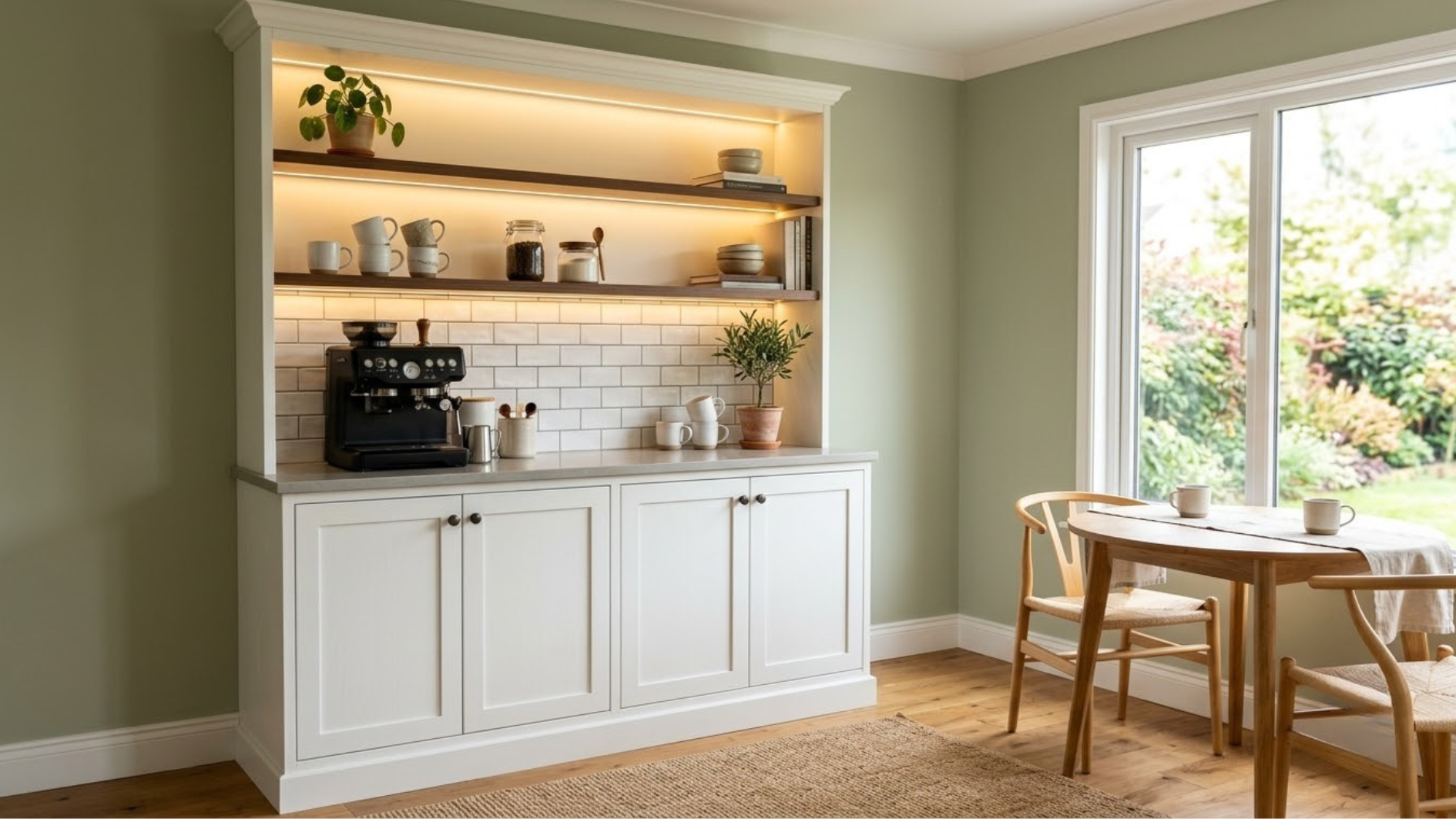 white coffee bar cabinet with open oak shelves espresso machine mugs plants warm lights and dining nook nearby