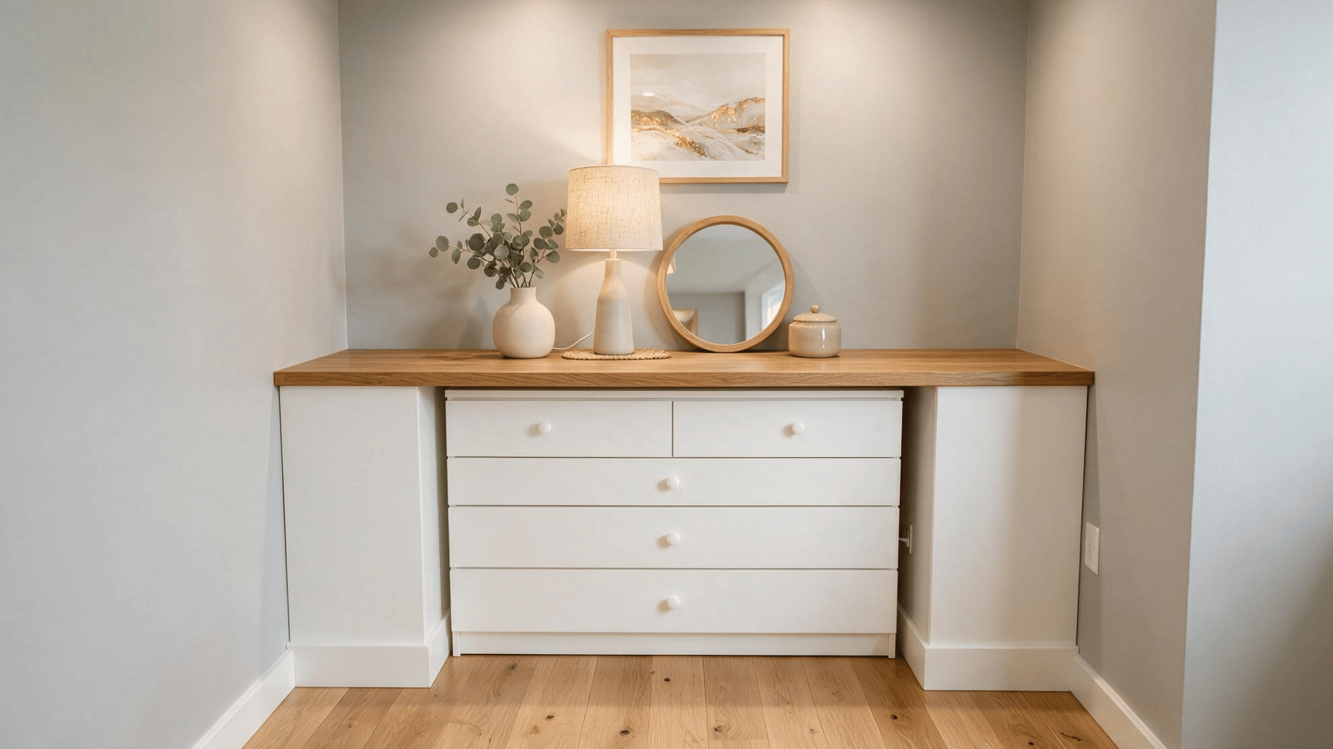 white dresser fits inside a wall nook with oak top lamp mirror plant framed art and warm neutral bedroom decor