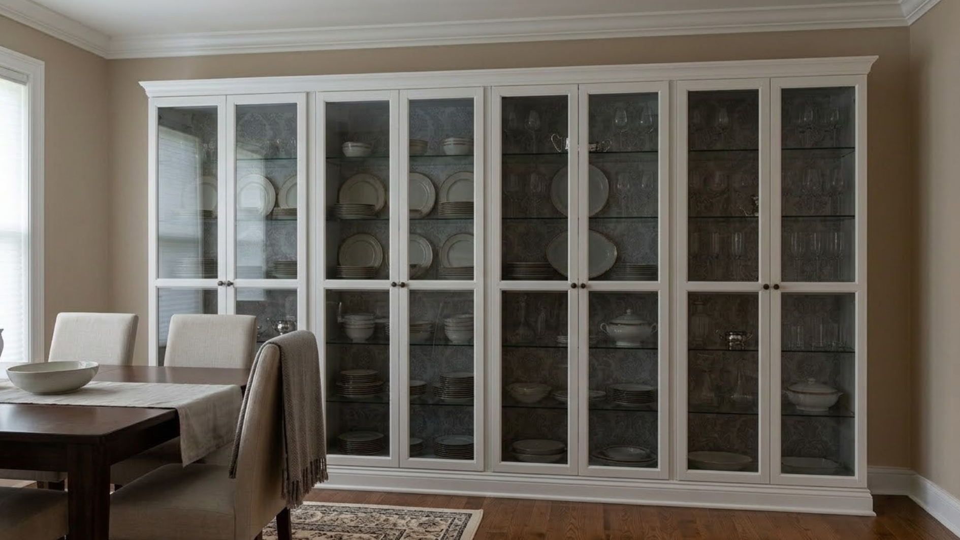 white glass door china cabinets display plates bowls and glassware beside a warm neutral dining table settings