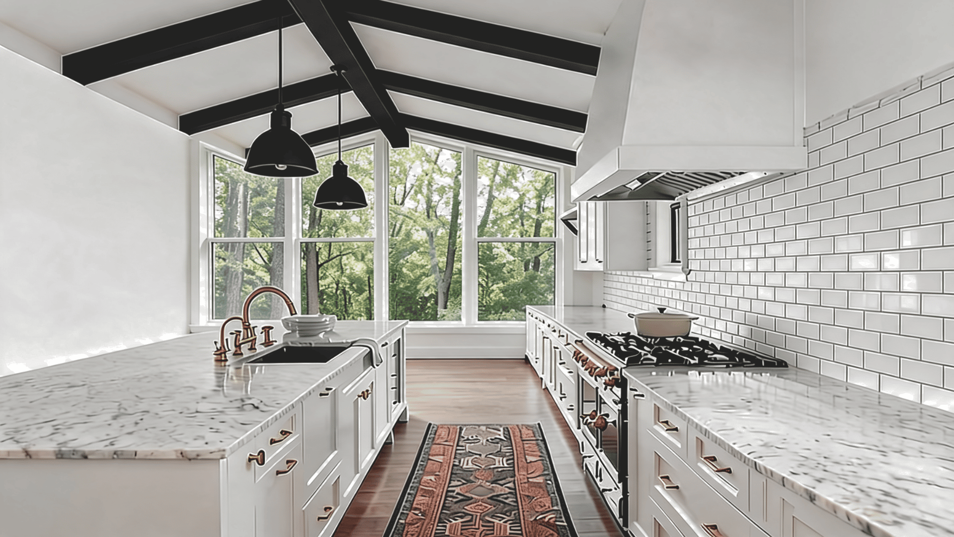 White kitchen with black vaulted ceiling, exposed beams, white marble countertops, large windows, copper accents and bright natural lighting.