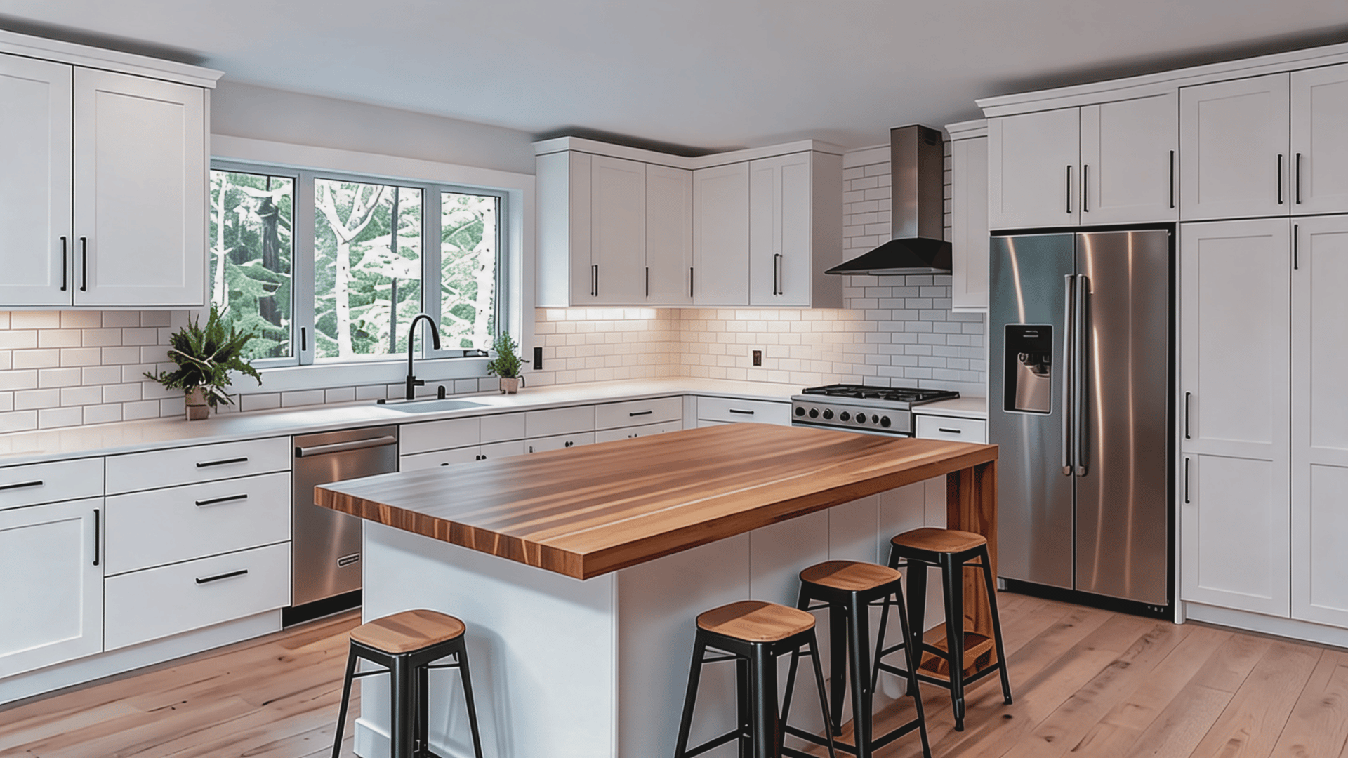 White kitchen with butcher block island, shaker cabinets, subway backsplash, wooden countertop, and warm natural accents.