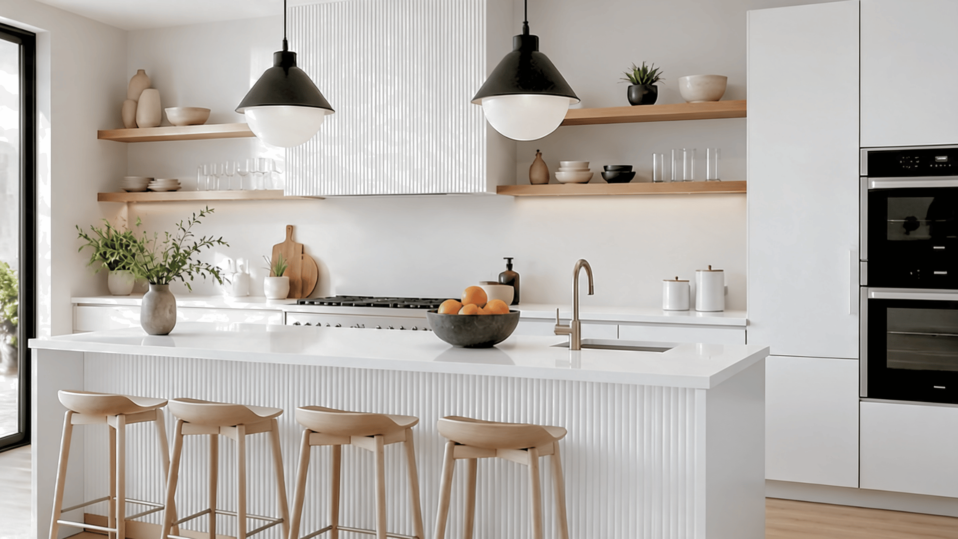 White kitchen with fluted cabinet panels, stone island, pendant lights, open shelves, white countertop, wooden chairs and warm neutral styling.