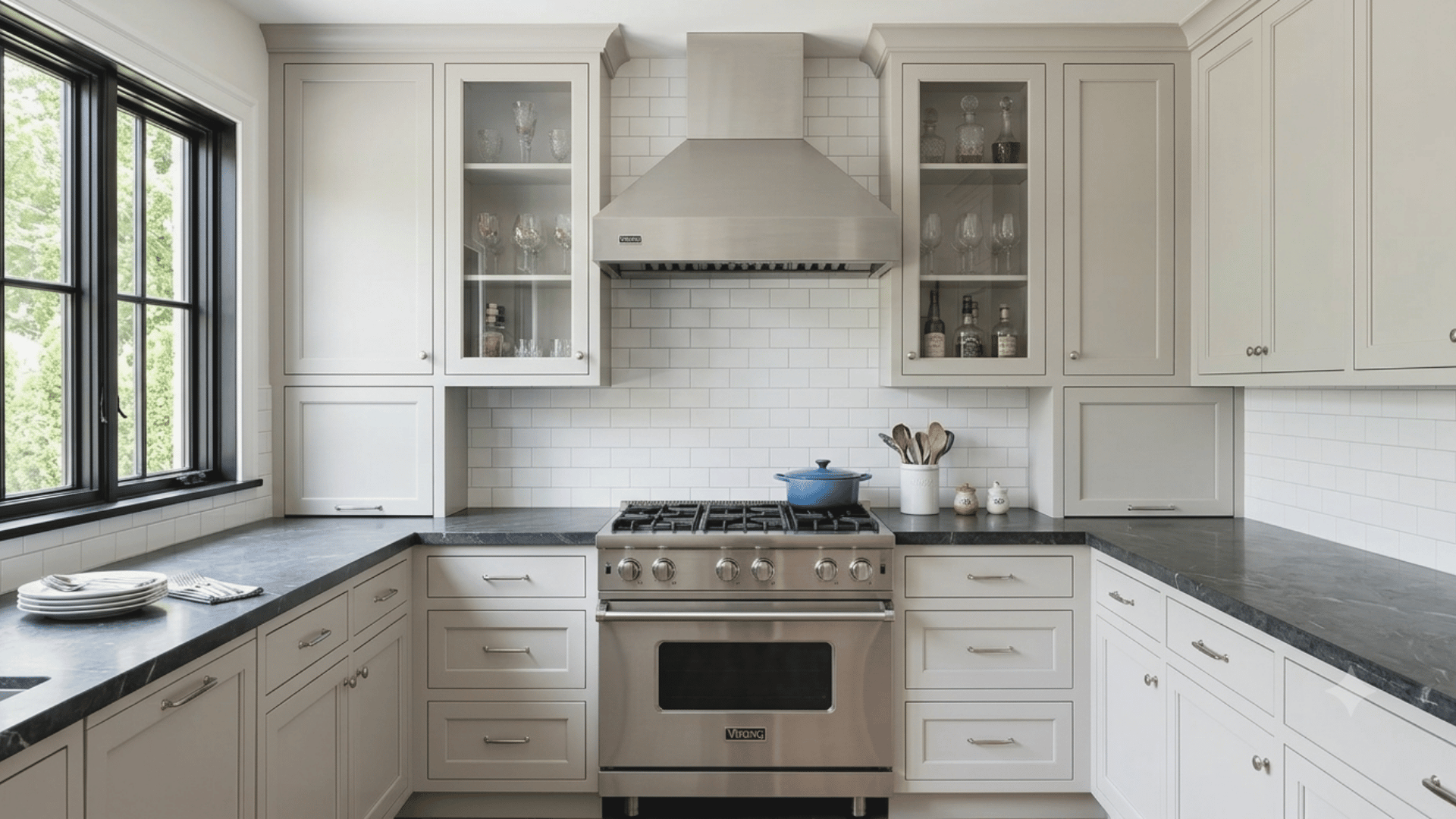 White kitchen with glass front cabinets, shaker doors, dark countertops, subway backsplash, and displayed dishware.