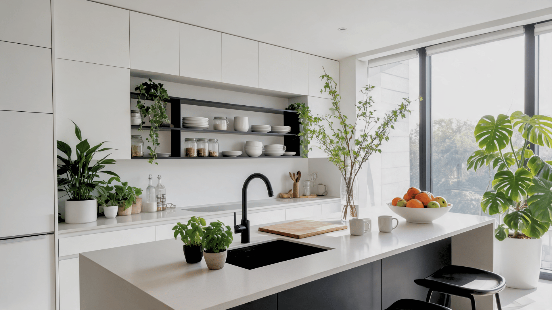 White kitchen with indoor plants, stone island, black fixtures, open shelves, and greenery adding natural warmth.
