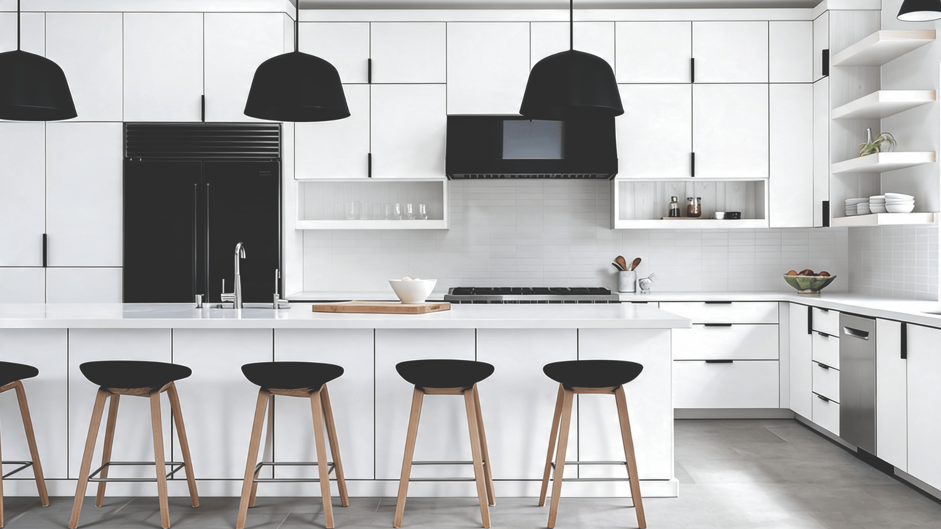 White kitchen with paneled appliances, waterfall island, marble-look backsplash, and seamless cabinetry in an open layout.