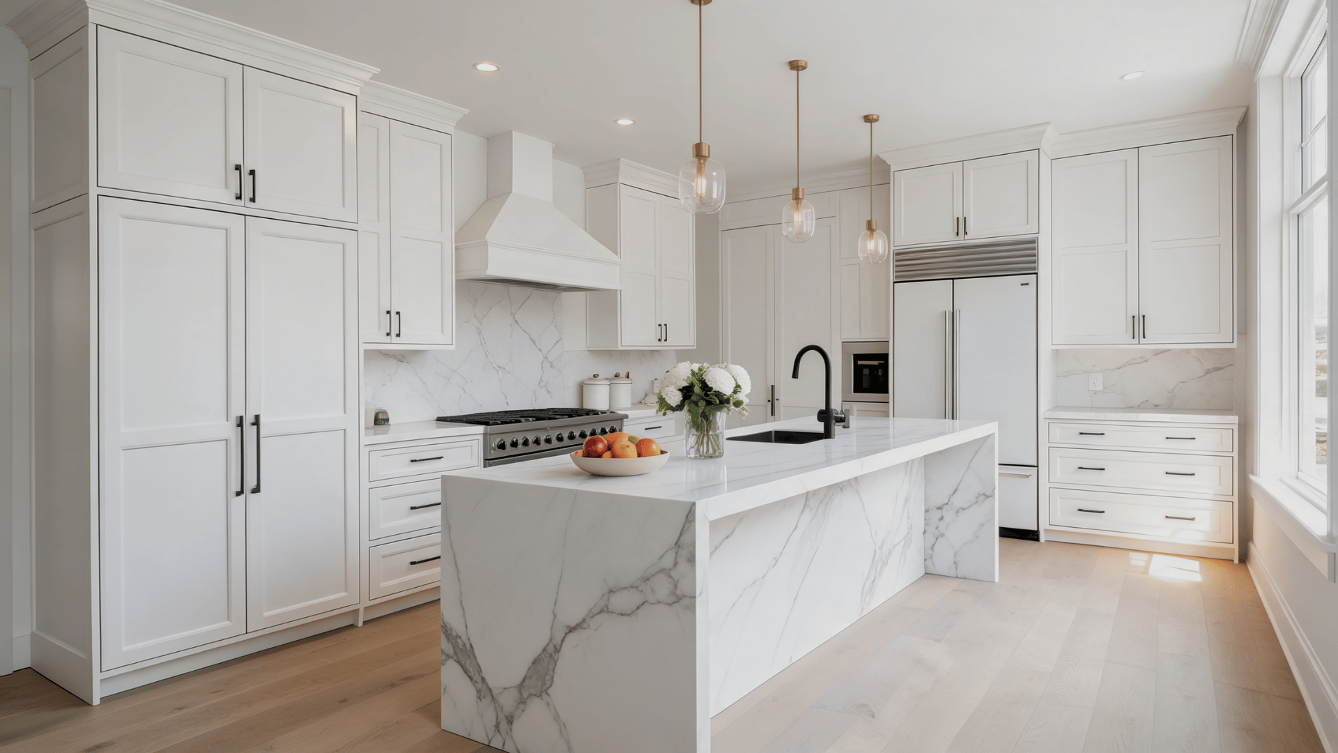 White kitchen with statement lighting, neutral cabinets, island seating, textured backsplash, and modern styling.
