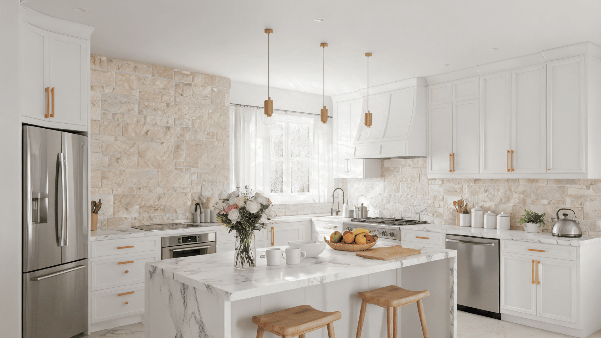 White kitchen with textured backsplash, shaker cabinets, marble counters, pendant lighting, wooden chairs and subtle decorative accents.