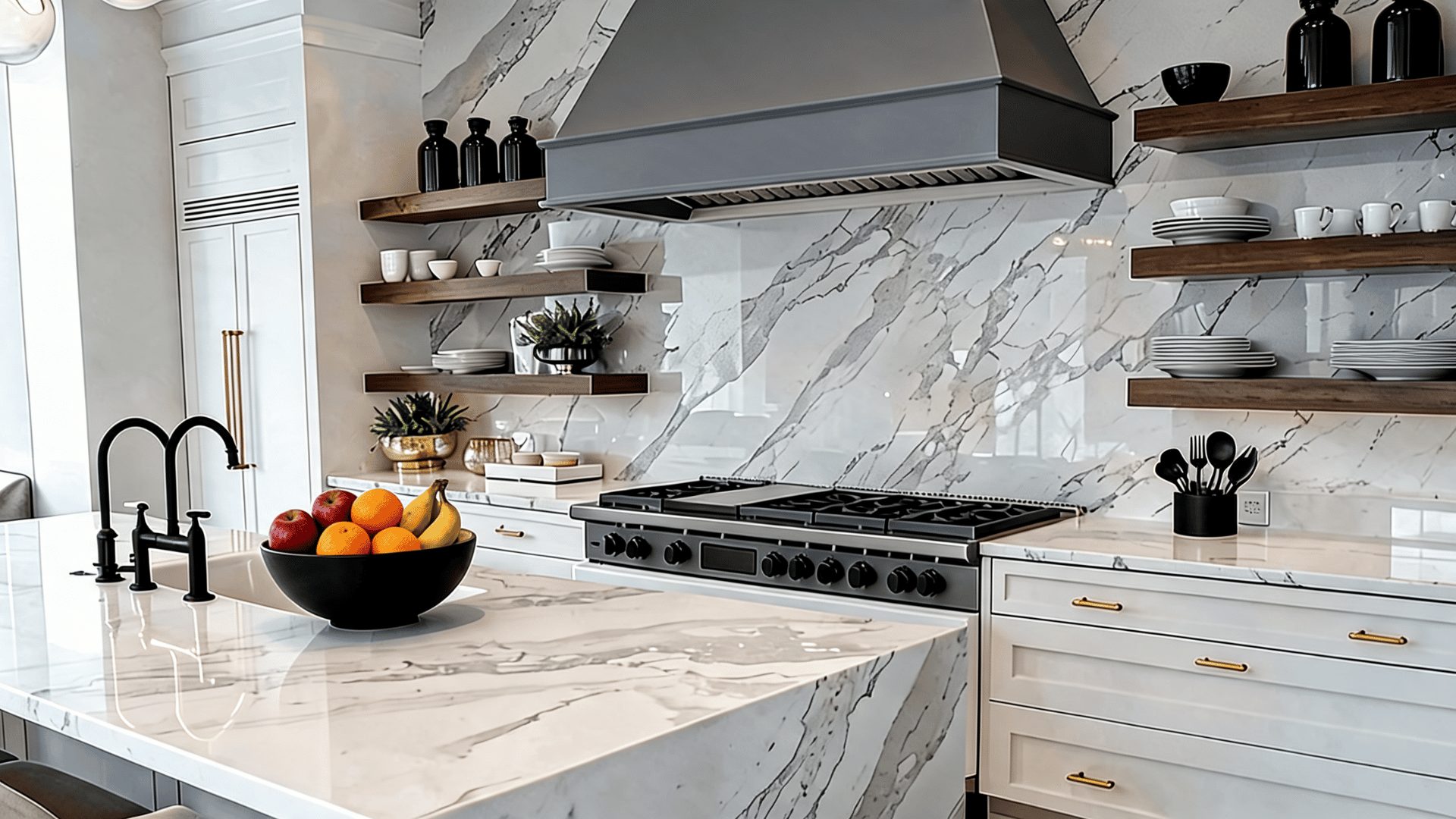 White kitchen with wood open shelves, black fixtures, dark accents, white marble counters, and neatly arranged black dishware.
