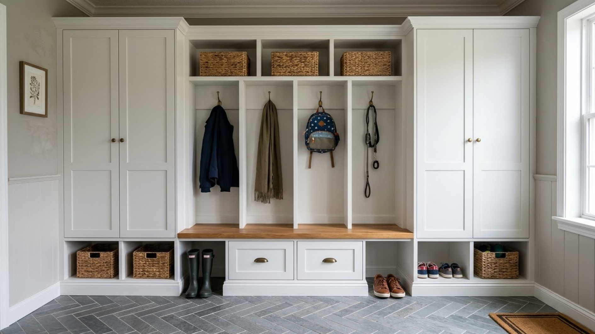 white mudroom locker wall with bench hooks baskets coat storage shoes drawers and gray herringbone tile floors