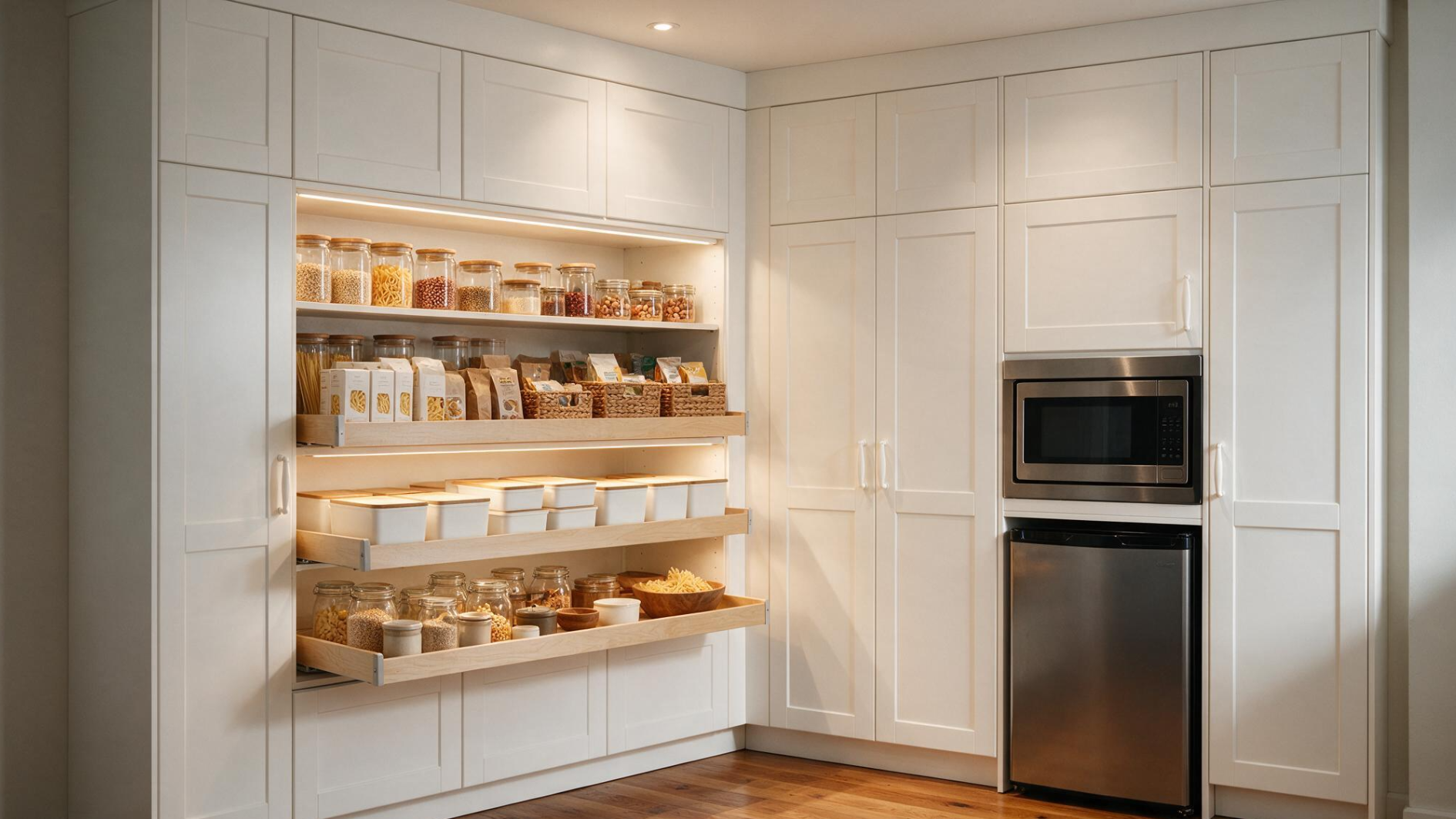 white pantry cabinets with pullout shelves glass jars food bins built in appliances and warm recessed lighting (1)
