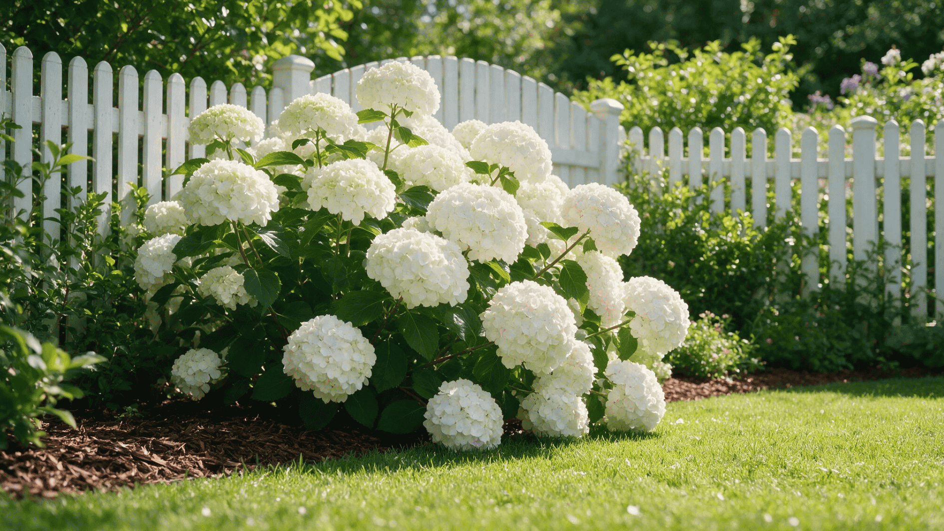 white perennial hydrangeas blooming in a sunny garden beside a lawn and white picket fence