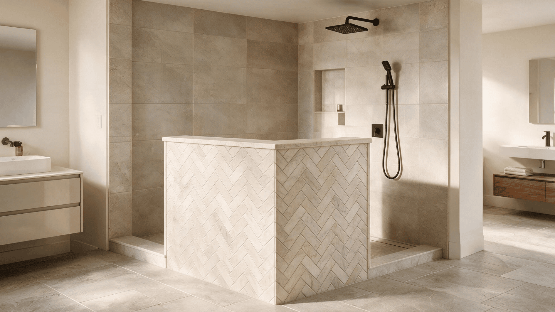 white pony wall shower with herringbone tile accent, matte black fixtures, and open modern bathroom layout (1)