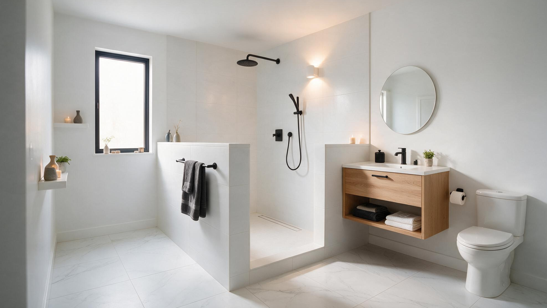 white pony wall shower with matte black fixtures and modern bathroom design with matching black hardware and clean tile finish