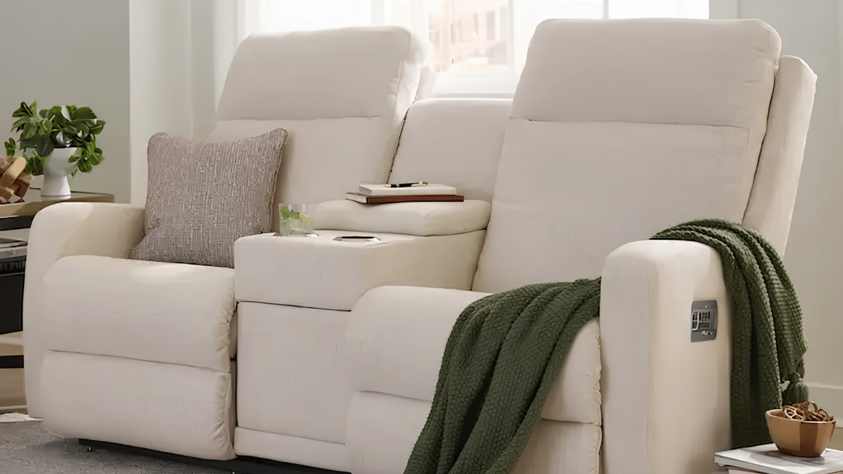 White reclining sofa with plush seats, green throw blanket, bright windows, and cozy modern living room.