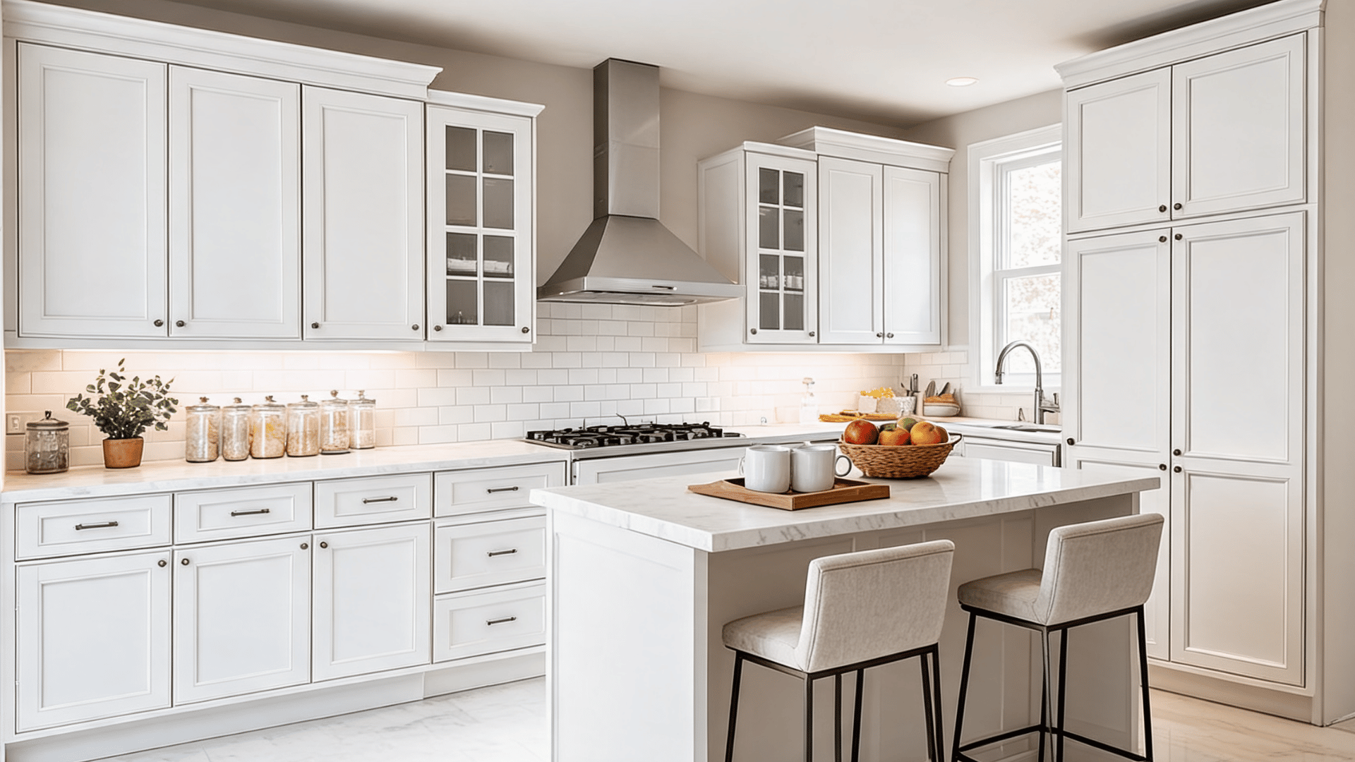 White shaker kitchen with shaker cabinets, marble countertop, white island seating, white fruit bowl and modern kitchenware