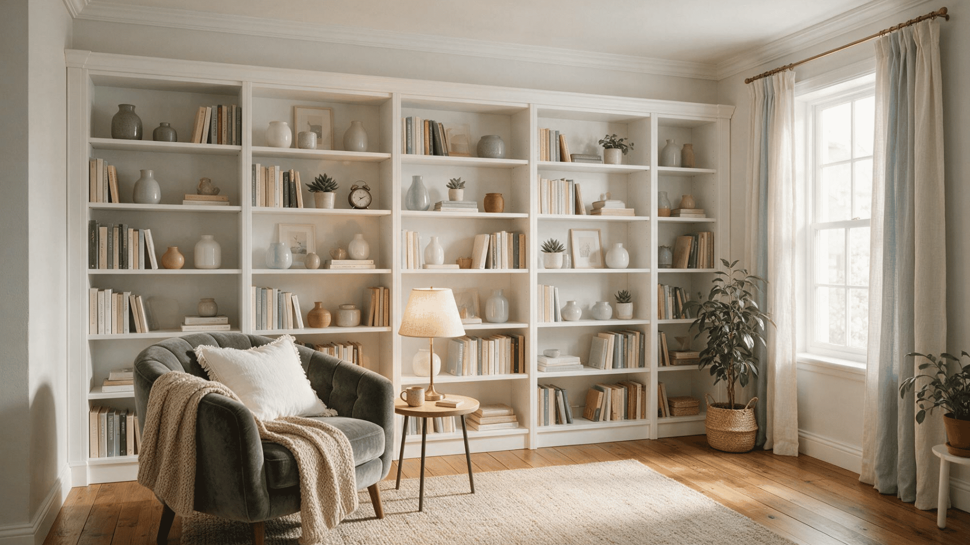 white wall to wall built in bookshelves with books pottery plants comfy chair and soft daylight in living room