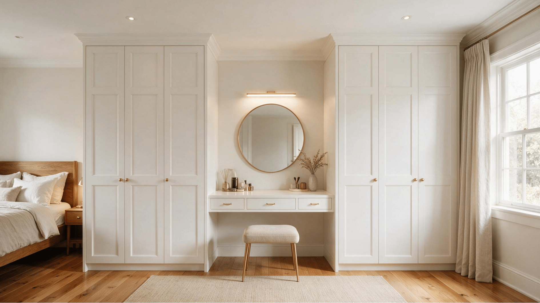 white wardrobes frame a vanity with circular mirror soft lighting brass details and warm wood bedroom flooring