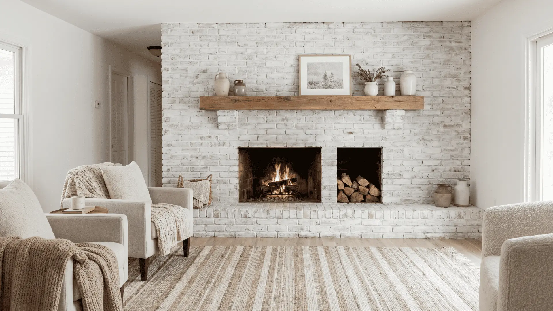 Whitewashed brick fireplace with visible texture