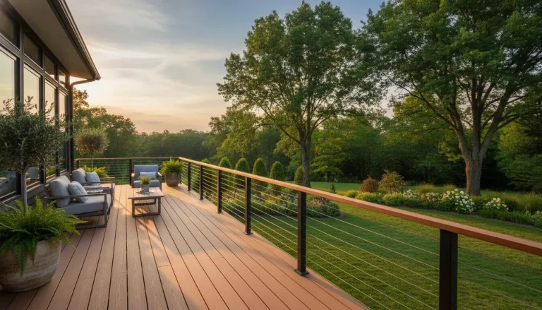 Spacious outdoor deck with modern furniture and potted plants overlooking lush garden at sunset