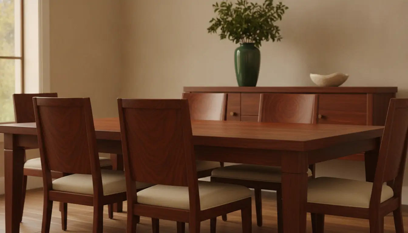 Wooden dining table with chairs in elegant dining room with green vase and sideboard