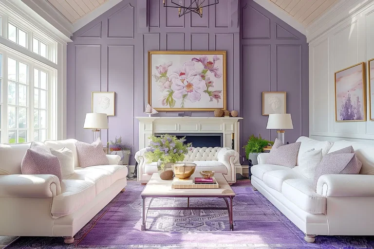 Living room with white sofas, purple walls, floral artwork, and lavender accents in bright lighting